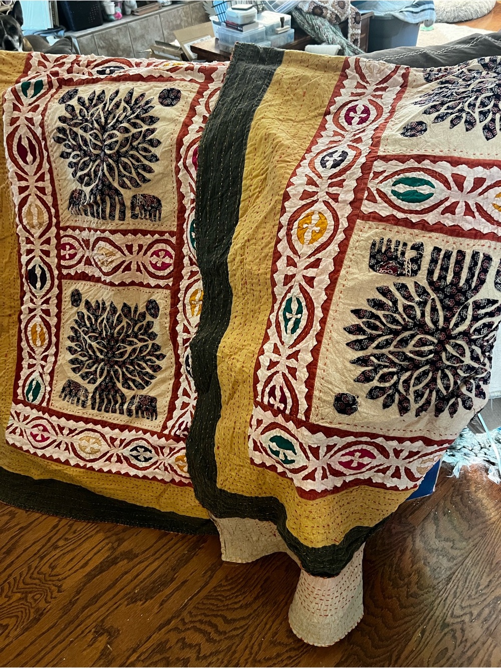 King size Kantha embroidery tree of life patchwork coverlet quilt - Picture 2 of 5